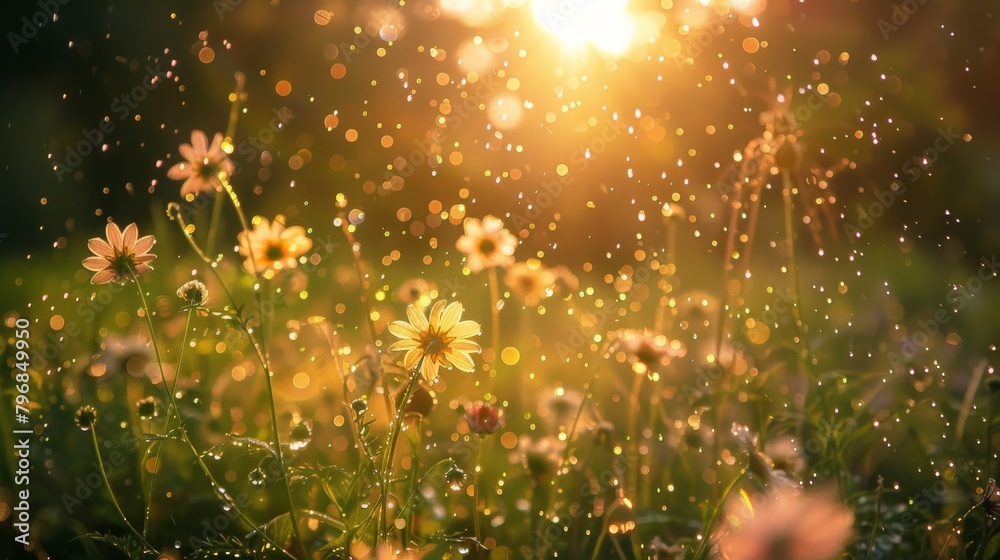 A high-resolution photograph of a sun-drenched meadow, capturing the delicate details of wildflowers in full bloom, with dewdrops glistening on their petals.