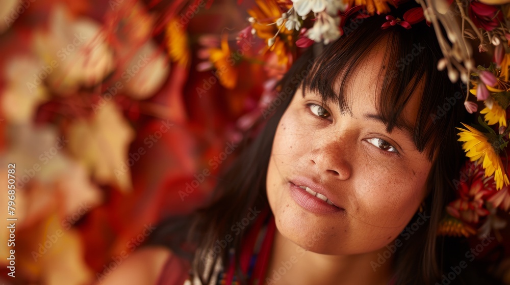 Close up of happy woman with magenta flower crown headpiece
