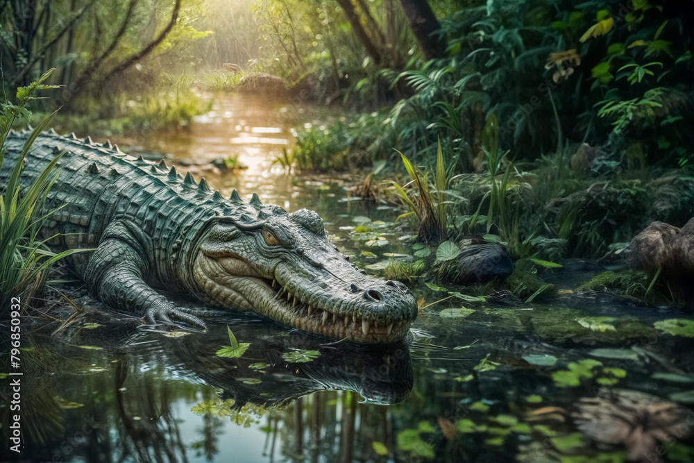 Obraz premium Ritratto di un alligatore nel suo habitat naturale