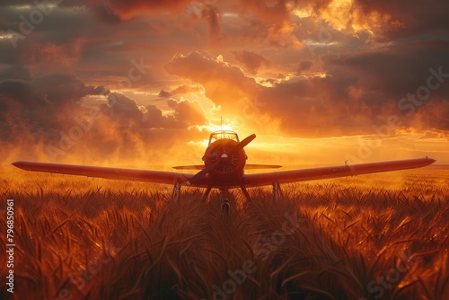 A tranquil scene with a vintage red biplane parked amidst tall golden wheat, illuminated by the warm glow of sunset behind stormy clouds