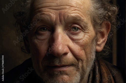 Old weathered man with a thick beard on a dark background. Portrait on dark background. AI generated © Aisylu