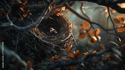 A delicate bird's nest cradled in the branches of a tree, symbolizing the cycle of life and the nurturing instinct of nature.