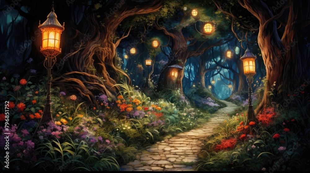 a image wide winding path through lush enchanted forest, with tree canopy, magical fairytale lanterns, AI Generative