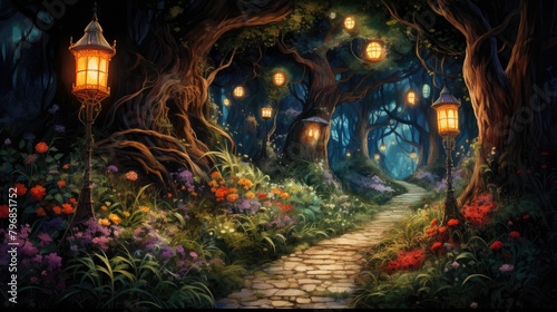 a image wide winding path through lush enchanted forest  with tree canopy  magical fairytale lanterns  AI Generative