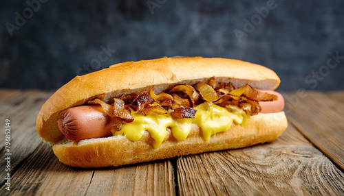 Hot-dog with crispy bacon, fried onions, melted cheese and mustard on wooden table. Tasty fast food