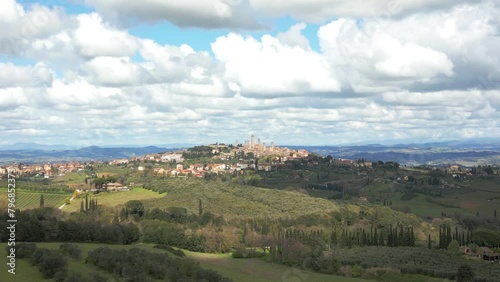Aerial View footage of tuscany landscape with Medieval Towers Of San Gimignano in the background, Siena province, Tuscany, Italy photo