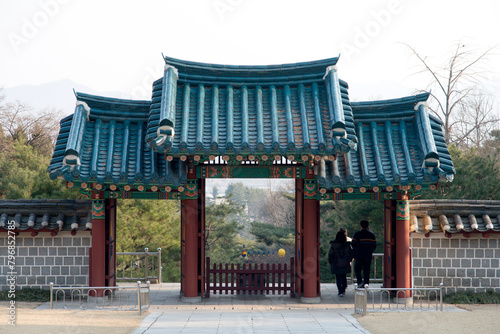 View of the traditional Korean gate in the temle photo
