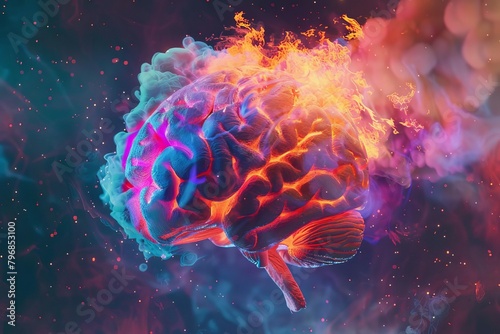 exploding human brain with vibrant colors and flames creative 3d illustration #796853100