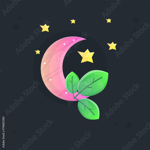 Moon Glossy Pink Game Icon Badge  With Green Branch And Stars Isolated Vector Design (ID: 796853183)