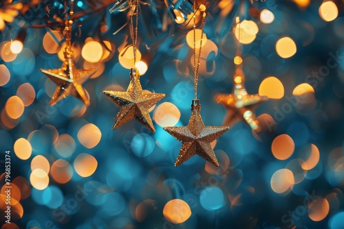 festive golden stars on blue bokeh background sparkling holiday decoration