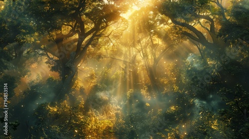 A mystical sunrise over an ancient forest  with trees shrouded in mist and sunbeams filtering through the canopy  creating an ethereal glow.