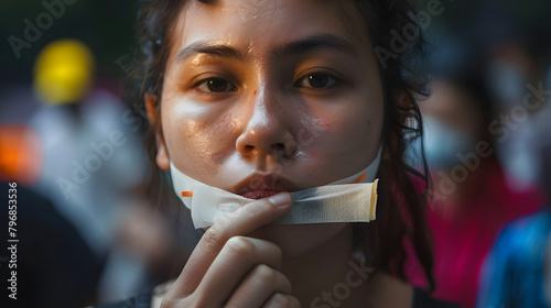 woman with mouth sealed in adhesive tape. Free of speech, freedom of press, Human rights, Protest dictatorship, democracy, liberty, equality and fraternity concepts photo