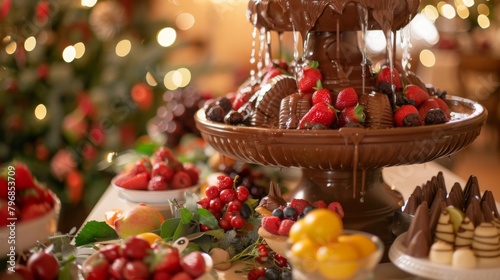 A festive chocolate fountain cascading with velvety melted chocolate, surrounded by fresh fruit and treats for dipping photo
