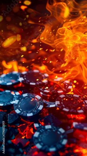 Casino chips on fire - risk and gambling concept
