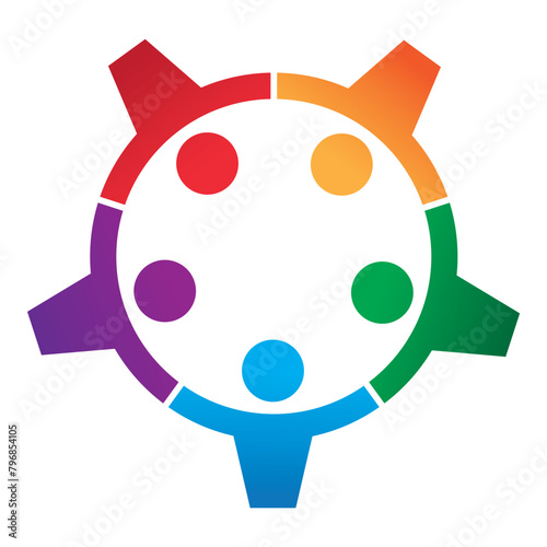 Stylized human figures forming a gear symbolize teamwork and unity
