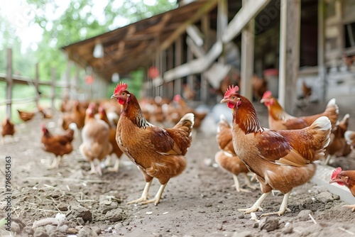 Hectic Poultry Farm bustling with Free-Roaming Chickens. Concept Poultry Farming, Free-Roaming Chickens, Hectic Environment, Farm Animals, Livestock Management photo