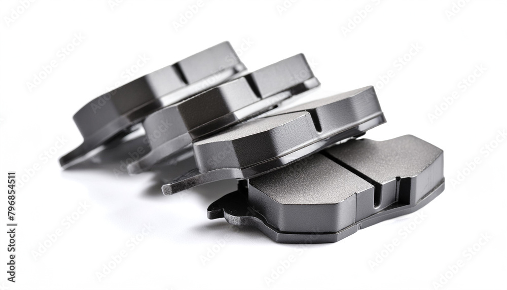 Close-up of metallic brake pads, isolated on a white background Close-up of metallic brake pads, isolated on a white background