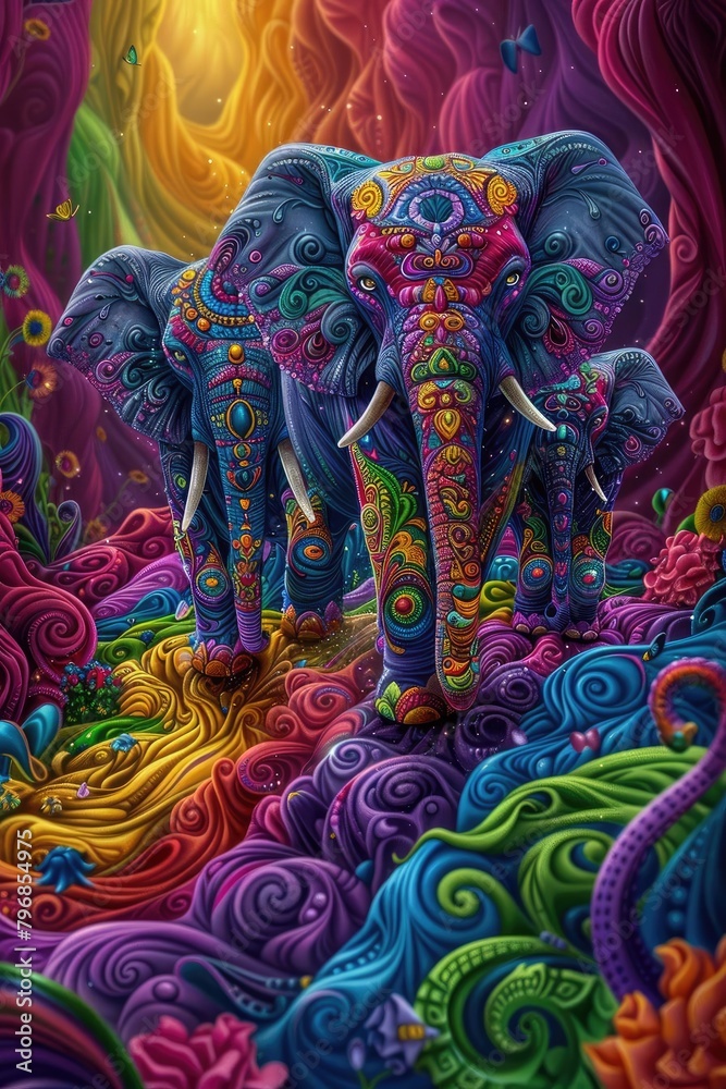 Naklejka premium An image of three psychedelic elephants walking through a field of flowers.