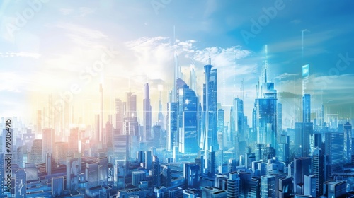 A futuristic city skyline with skyscrapers powered by renewable energy sources, linked together by resilient high-voltage transmission infrastructure. photo