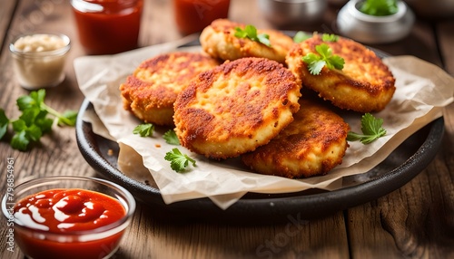 Chicken patties or fish cakes fried in breadcrumbs with ketchup 