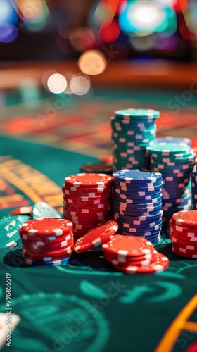 Colorful casino chips stack on gaming table