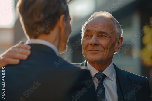 caucasian business executive praising subordinate by giving a pat on the shoulder.