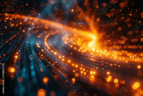 Luminous waves styled like fiber optics lighting up a dark space, perfect for telecommunications,