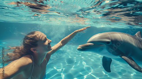 Selfie photo a woman swimming underwater with a neutral expression, to his right a dolphin Wonder and Joy concept.