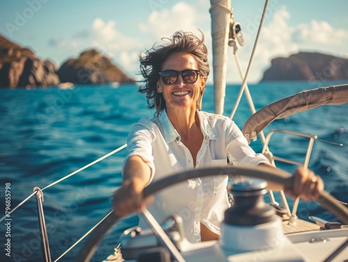 female skipper navigating a sailboat photo