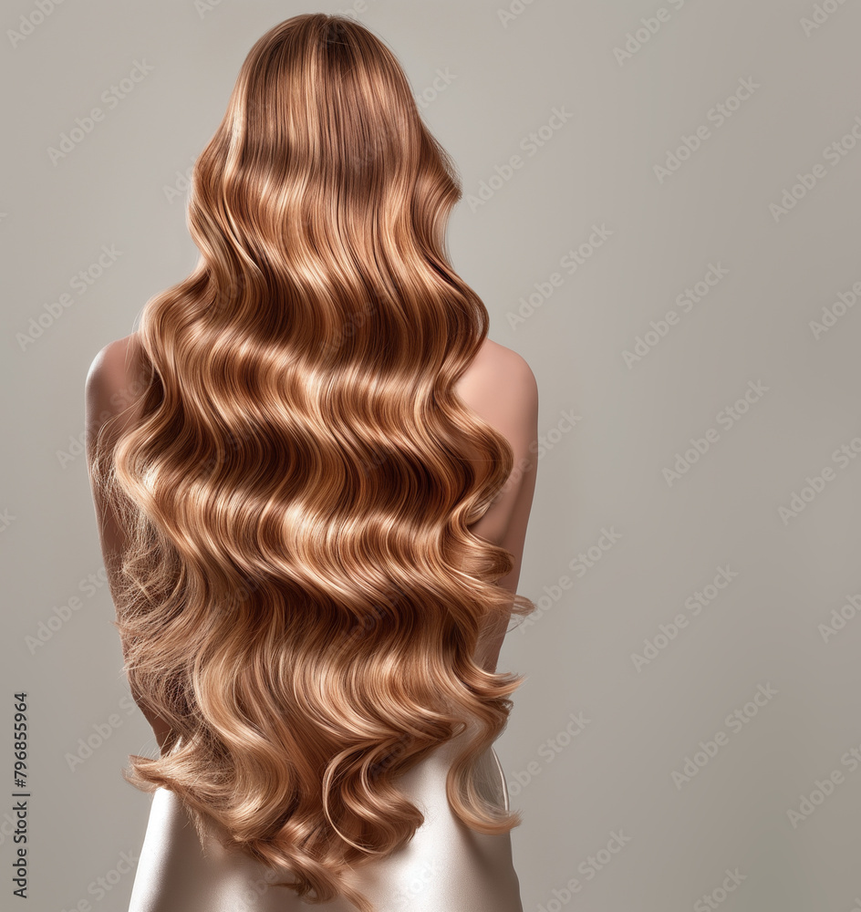 Fototapeta premium Girl with long wavy blond hair on a light background