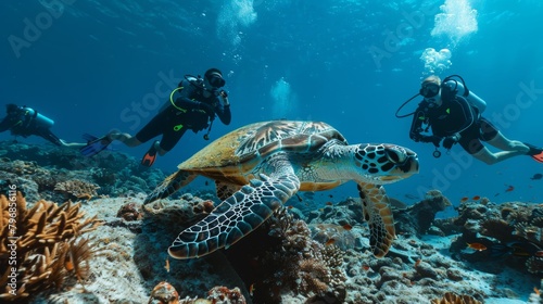 A group of scuba divers observing a majestic sea turtle resting on a coral reef, highlighting the importance of responsible ecotourism. photo