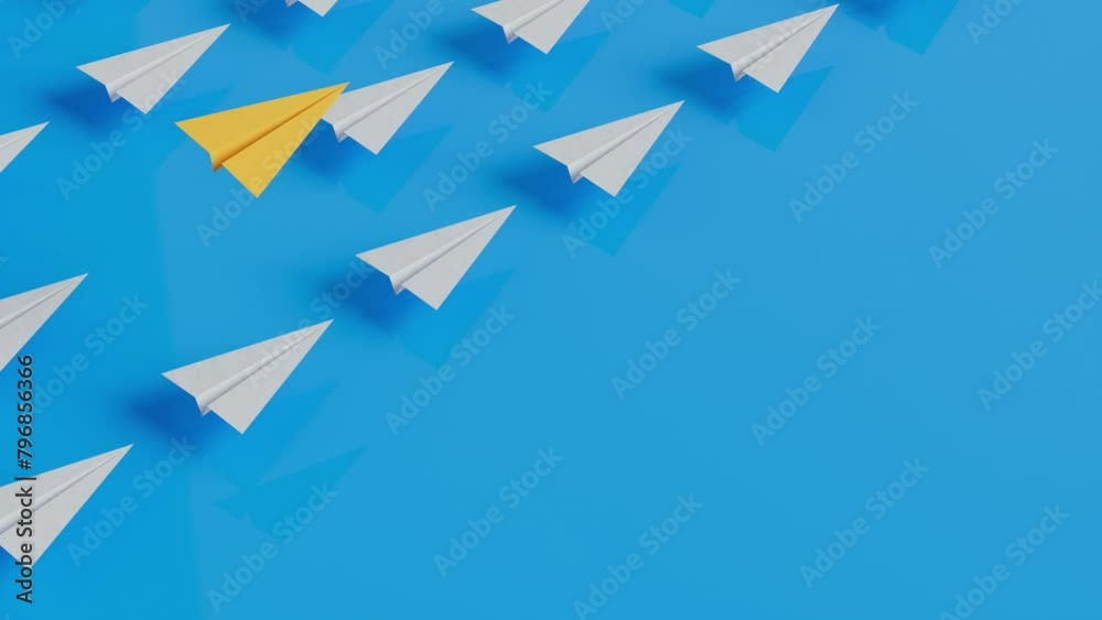 Mindset Business leadership, paper plane take the lead against other in the sky, achievement goal concept think differently idea.