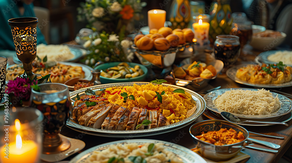 Ramadan iftar Eid, Muslim family has dinner at home, Table with traditional food, Eid al Fitr celebrations