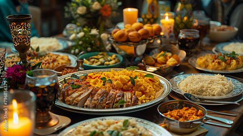 Ramadan iftar Eid, Muslim family has dinner at home, Table with traditional food, Eid al Fitr celebrations