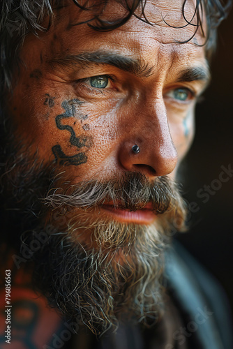 Close portrait of a berded man with tattoo on his face. photo