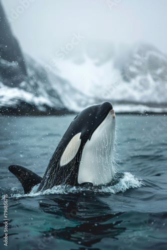 An orca, or killer whale, communicating with clicks as it hunts in the cold ocean waters,