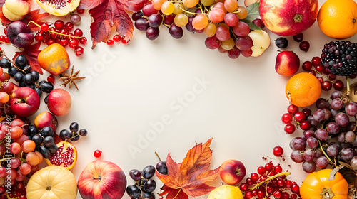 Fall mockup. Background made of red yellow brown orange leaves and berries. Autumn floral Harvest Top view of flat lay frame.