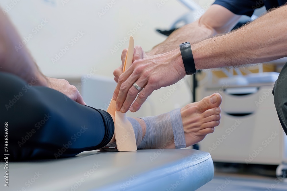 A patient's foot is fitted with a custom orthotic insert by a podiatrist to improve foot alignment and reduce pain.
