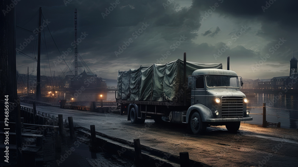 Cargo truck driving in the night or sundown. Transportation industry scene with long haul car.