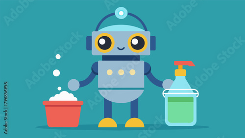 A cartoon of a household cleaning robot holding a bucket of vinegar and a bowl of baking soda with the phrase even robots prefer natural