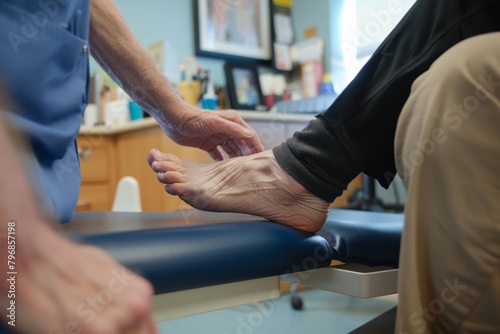 A patient's foot is fitted with a custom orthotic insert by a podiatrist to improve foot alignment and reduce pain. photo