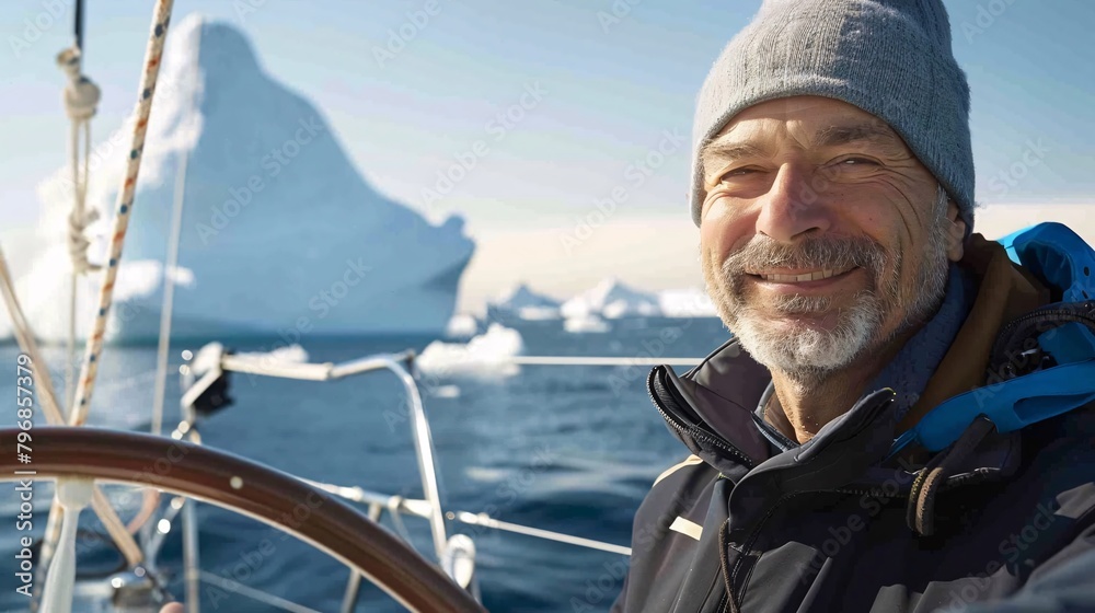 A man is steering a boat in the ocean