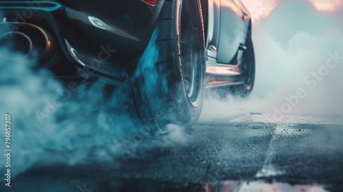 Car with smoke on the road. Smoke from the exhaust pipes of a car photo