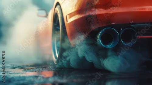 Sport car with smoke on the road, close-up