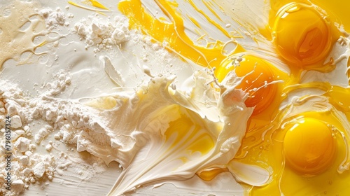 Flour and egg yolks on white background, closeup photo