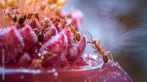 A macro photograph of ants gathering around a drop of sweet nectar, showcasing their affinity for sugary foods and their role as scavengers. photo