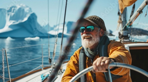 A man is steering a boat in the ocean