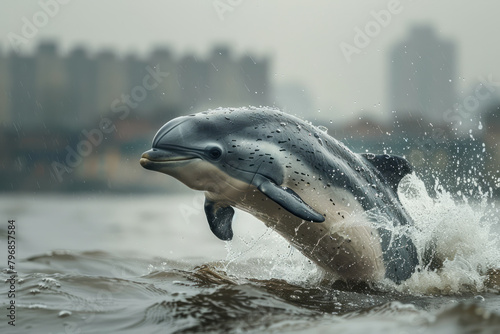 A Yangtze finless porpoise performing a rare surface breach, its playful nature belying its dire status, photo