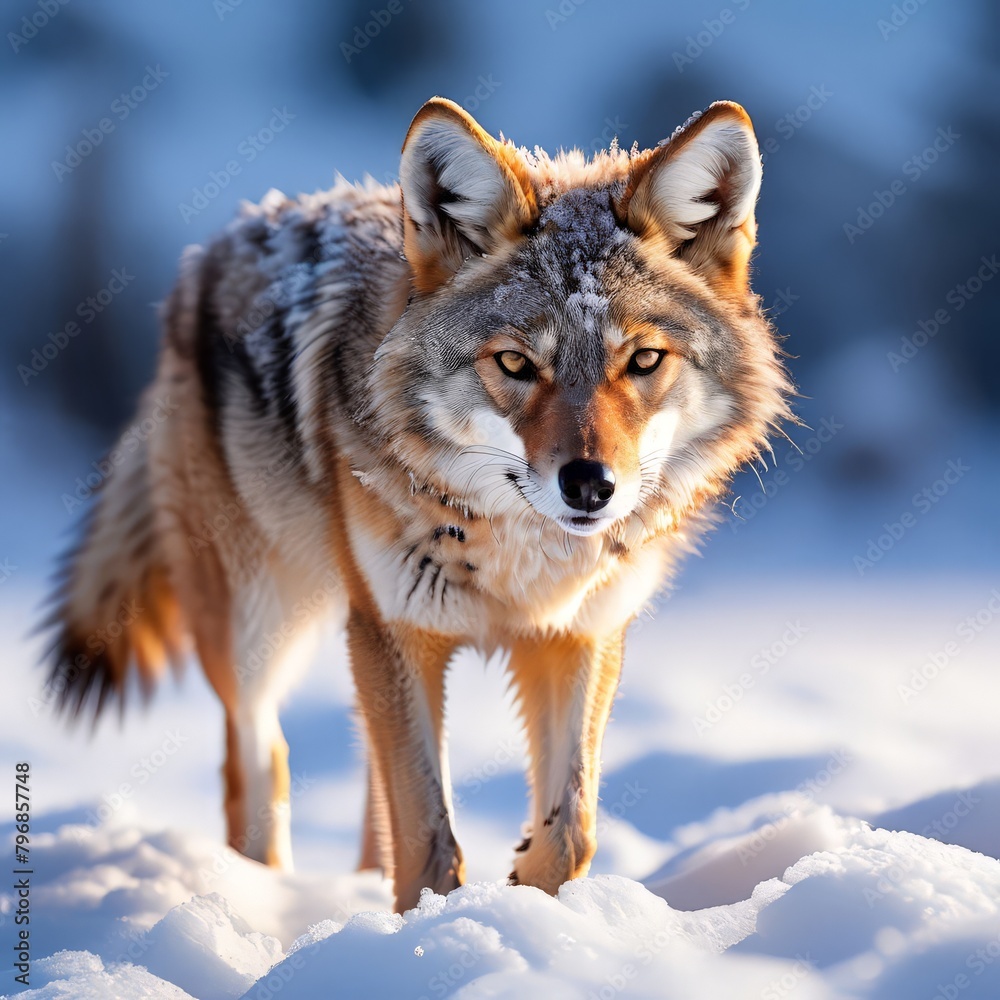 Naklejka premium Portrait of a wild wolf in winter forest. Wildlife scene from nature. AI generated
