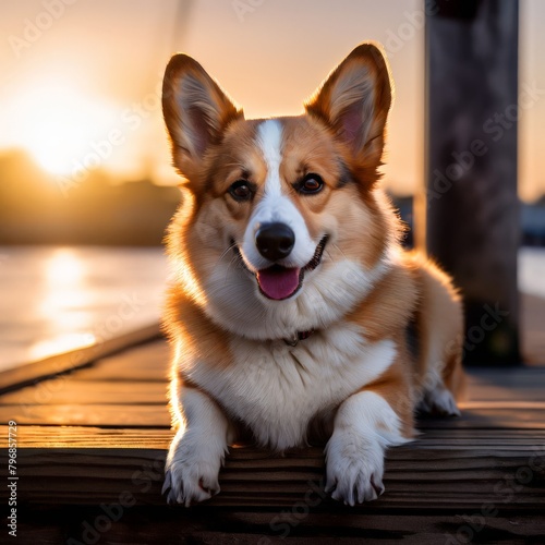 Welsh Corgi Pembroke sits on a wooden pier on the background of the lake. AI generated